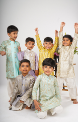 Double Sherwani Style with Foil Zari Jungle Safari Embroidery on Achakan, Plain Kurta, and Straight Pants - Grey