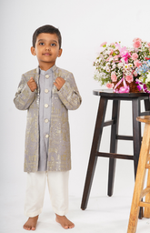 Double Sherwani Style with Foil Zari Jungle Safari Embroidery on Achakan, Plain Kurta, and Straight Pants - Grey