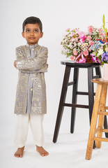 Double Sherwani Style with Foil Zari Jungle Safari Embroidery on Achakan, Plain Kurta, and Straight Pants - Grey