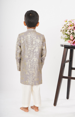 Double Sherwani Style with Foil Zari Jungle Safari Embroidery on Achakan, Plain Kurta, and Straight Pants - Grey