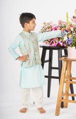 Beautiful Foil Style Zari Threadwork Embroidery in Jungle Safari Pattern with Pure Chanderi Kurta and Salwar - Sky Blue