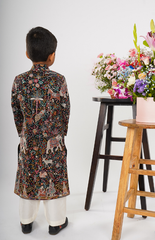 Jamaar Sherwani Embroidery in Kashmiri Style with a Mughal Jungle Safari Design - Black