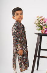 Jamaar Sherwani Embroidery in Kashmiri Style with a Mughal Jungle Safari Design - Black