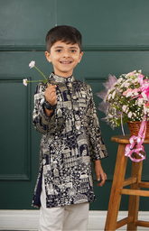 Kurta Set with Beautiful Foil-Style Zari Threadwork Embroidery in Jungle Safari Pattern on Kurta with Salwar - Navy Blue