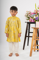Kurta Set with Beautiful Foil-Style Zari Threadwork Embroidery in Jungle Safari Pattern on Kurta with Salwar - Yellow