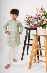 Kurta Set with Beautiful Foil-Style Zari Threadwork Embroidery in Jungle Safari Pattern on Kurta with Salwar - Light Blue