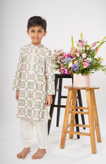 Kurta Set with Geometric Threadwork Design, Paired with Salwar - Cream
