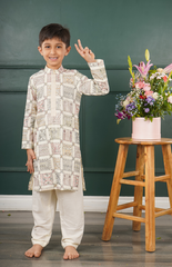 Kurta Set with Geometric Threadwork Design, Paired with Salwar - Cream