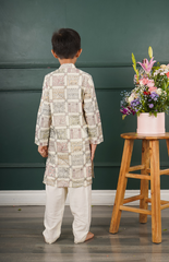 Kurta Set with Geometric Threadwork Design, Paired with Salwar - Cream