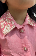 Shirt Style Blouse with Beautiful Parsi Gara Skirt - Pink