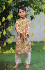 Parrot Green Pure Chanderi Printed Kurta Set with Cotton Silk Salwar - Peach