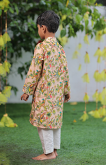 Parrot Green Pure Chanderi Printed Kurta Set with Cotton Silk Salwar - Peach