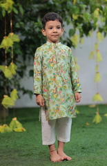 Parrot Green Pure Chanderi Printed Kurta Set with Cotton Silk Salwar - Green