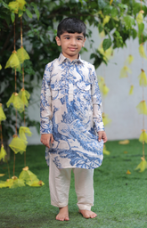 Blue & White Peacock Print Pathani Kurta Set with Cream Silk Salwar