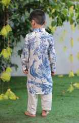 Blue & White Peacock Print Pathani Kurta Set with Cream Silk Salwar