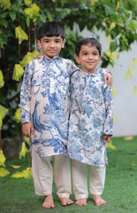 Blue & White Peacock Print Pathani Kurta Set with Cream Silk Salwar