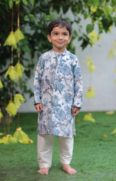 Pure Chanderi Peacock Print Kurta Set with Cream Salwar
