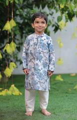 Pure Chanderi Peacock Print Kurta Set with Cream Salwar