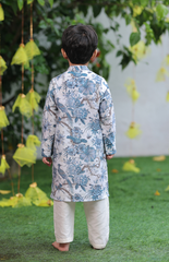 Pure Chanderi Peacock Print Kurta Set with Cream Salwar