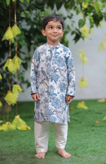 Pure Chanderi Peacock Print Kurta Set with Cream Salwar