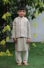 Sitara Lucknowi Mirror Look Embroidered Jacket Set with Silk Kurta and Cotton Bottom - Light Blue