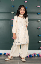 Sitara Lucknowi Mirror Look Embroidered Kurta Set with Silk Pallazo and Net Dupatta