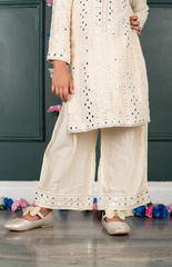 Sitara Lucknowi Mirror Look Embroidered Kurta Set with Silk Pallazo and Net Dupatta