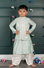 Sitara Lucknowi Mirror Look Embroidered Jacket Set with Silk Kurta and Cotton Bottom - Light Blue