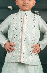 Sitara Lucknowi Mirror Look Embroidered Jacket Set with Silk Kurta and Cotton Bottom - Light Blue