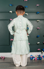 Sitara Lucknowi Mirror Look Embroidered Jacket Set with Silk Kurta and Cotton Bottom - Light Blue