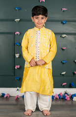 Sitara Lucknowi Mirror Look Embroidered Jacket Set with Silk Kurta and Cotton Bottom - Yellow