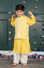 Sitara Lucknowi Mirror Look Embroidered Jacket Set with Silk Kurta and Cotton Bottom - Yellow