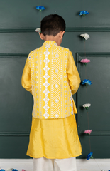 Sitara Lucknowi Mirror Look Embroidered Jacket Set with Silk Kurta and Cotton Bottom - Yellow