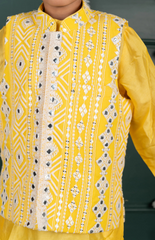 Sitara Lucknowi Mirror Look Embroidered Jacket Set with Silk Kurta and Cotton Bottom - Yellow