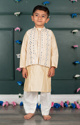 Sitara Lucknowi Mirror Look Embroidered Jacket Set with Silk Kurta and Cotton Bottom - Soft Pink