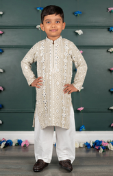 Sitara Lucknowi Embroidered Kurta Set with Cream Salwar - Grey