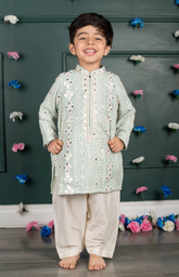 Sitara Lucknowi Embroidered Kurta Set with Cream Salwar - Light Blue