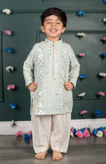 Sitara Lucknowi Embroidered Kurta Set with Cream Salwar - Light Blue