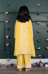 Sitara Lucknowi Mirror Look Embroidered Kurta Set with Silk Pallazo and Net Dupatta - Yellow