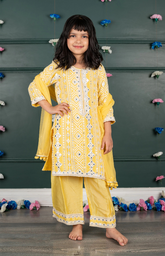 Sitara Lucknowi Mirror Look Embroidered Kurta Set with Silk Pallazo and Net Dupatta - Yellow