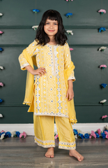 Sitara Lucknowi Mirror Look Embroidered Kurta Set with Silk Pallazo and Net Dupatta - Yellow