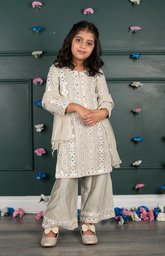 Sitara Lucknowi Mirror Look Embroidered Kurta Set with Silk Pallazo and Net Dupatta - Grey