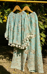 Poncho and Pant with Inner in Beautiful Parsi Gara Embroidery - Light Blue