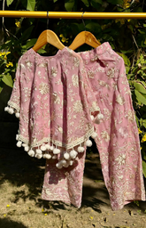 Poncho and Pant with Inner in Beautiful Parsi Gara Embroidery - Onion Pink