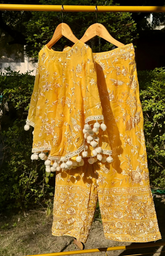 Poncho and Pant with Inner in Beautiful Parsi Gara Embroidery - Yellow