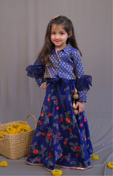 Royal Blue Brocade Shirt Style Top with Embroidered Floral Skirt/Ghagra