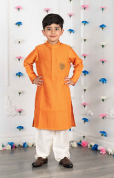 Pintucks Kurta Set with Solid Color with a lion zardozi embroidered patch - Saffron