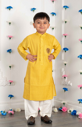 Pintucks Kurta Set with Solid Color with a lion zardozi embroidered patch - Yellow