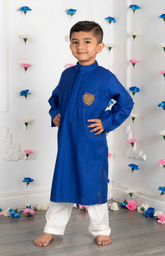 Pintucks Kurta Set with Solid Color with a lion zardozi embroidered patch - Royal Blue