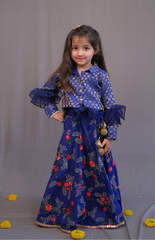 Royal Blue Brocade Shirt Style Top with Embroidered Floral Skirt/Ghagra